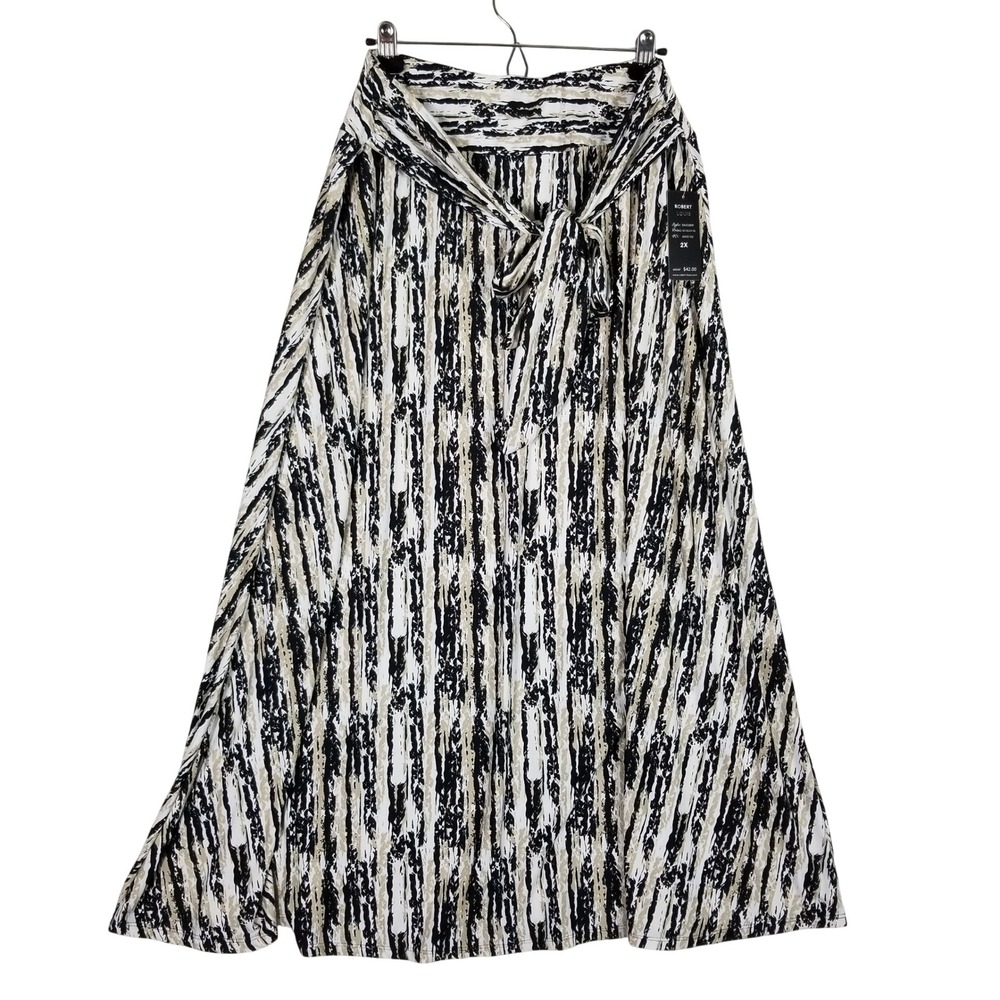 Robert Louis Maxi Skirt Women 2X Black Tan Abstract Tie Waist SK4336W